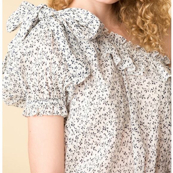 Ulla Johnson Alene One Shoulder Cotton Top Porcelain Floral Vine Puff Sleeve Bow - Picture 10 of 13